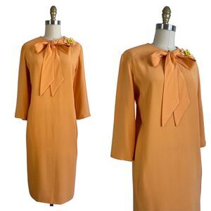 Vintage 1960s Apricot Silk Sheath Dress with Ascot Tie Bow | Size L
